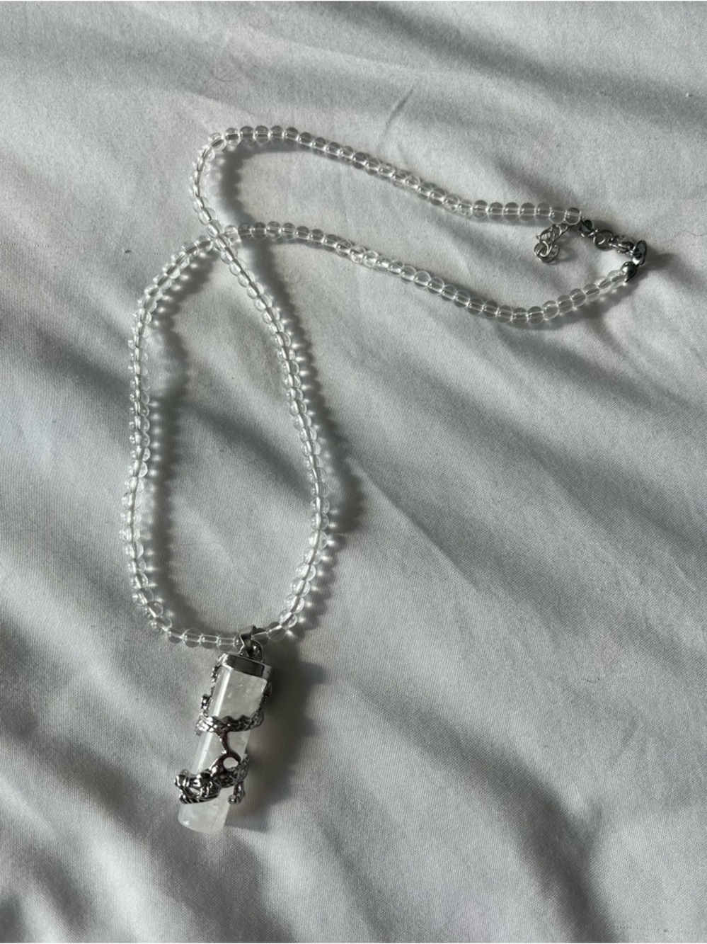 Silver Dragon Necklace with Clear Bead Chain